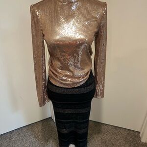 Gold Sequin Top and Black Striped Skirt